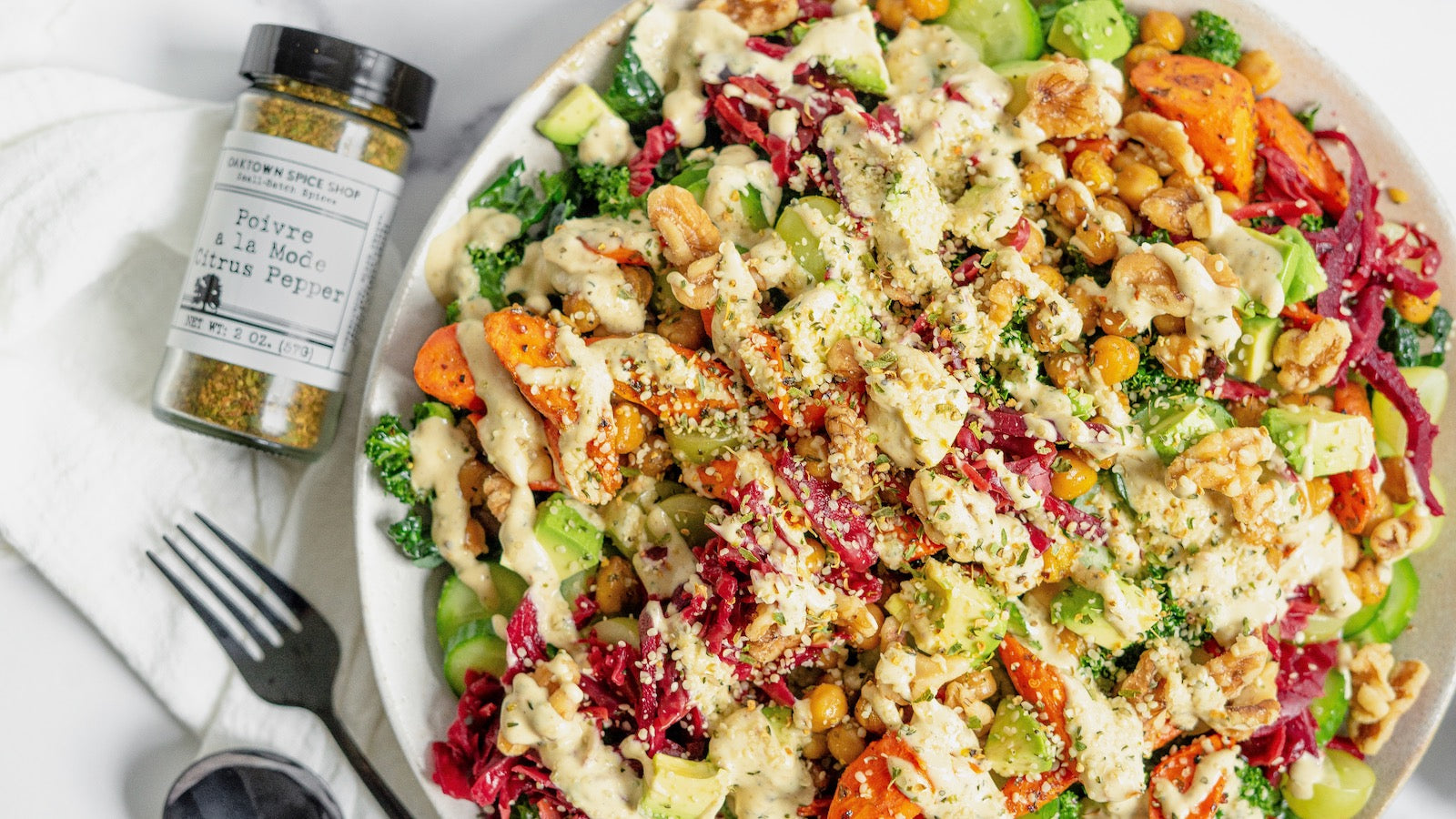 Loaded Kale Salad with Lemon Pepper Tahini Dressing