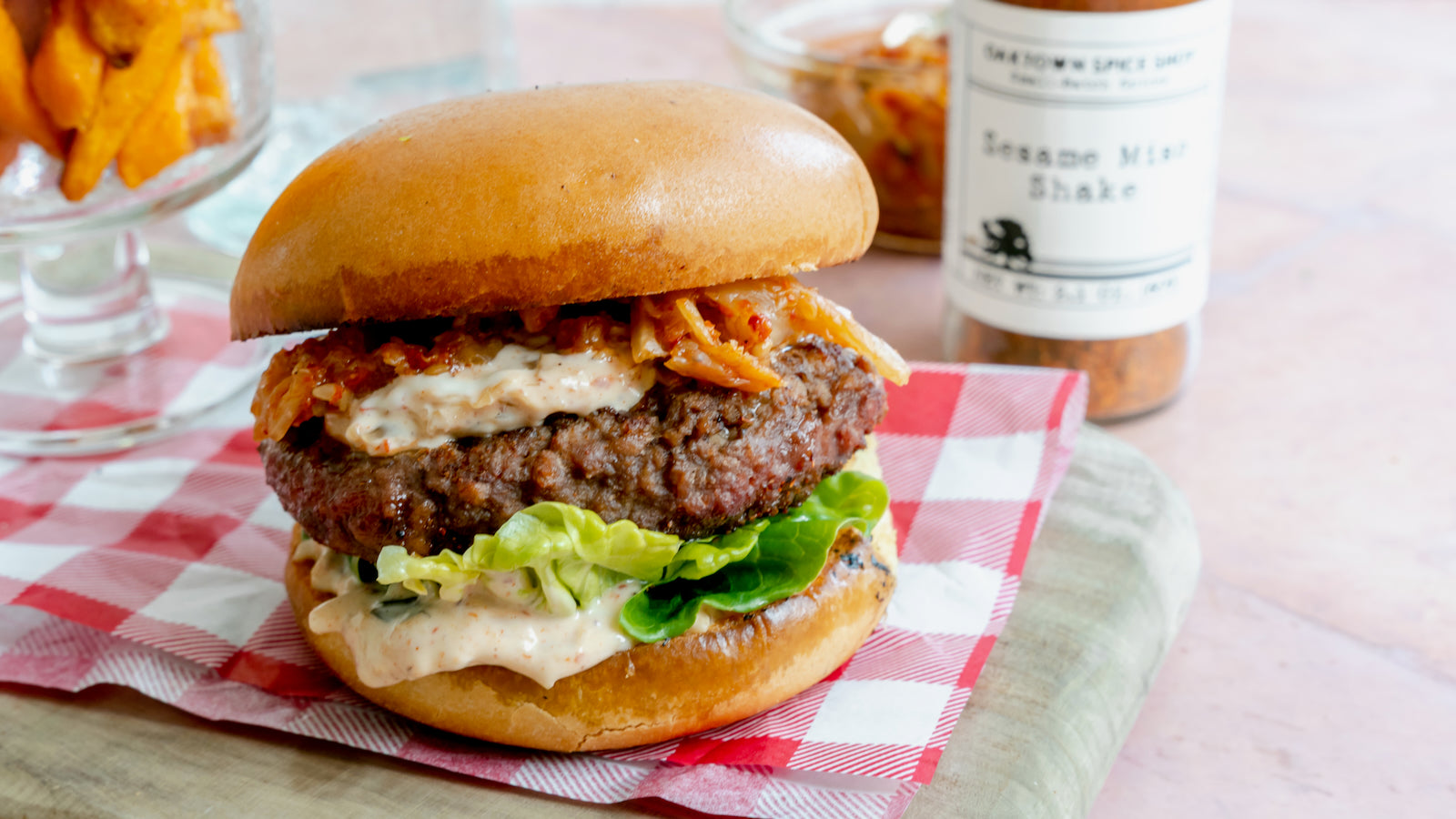 Kimchi Burgers with Sesame Miso Shake