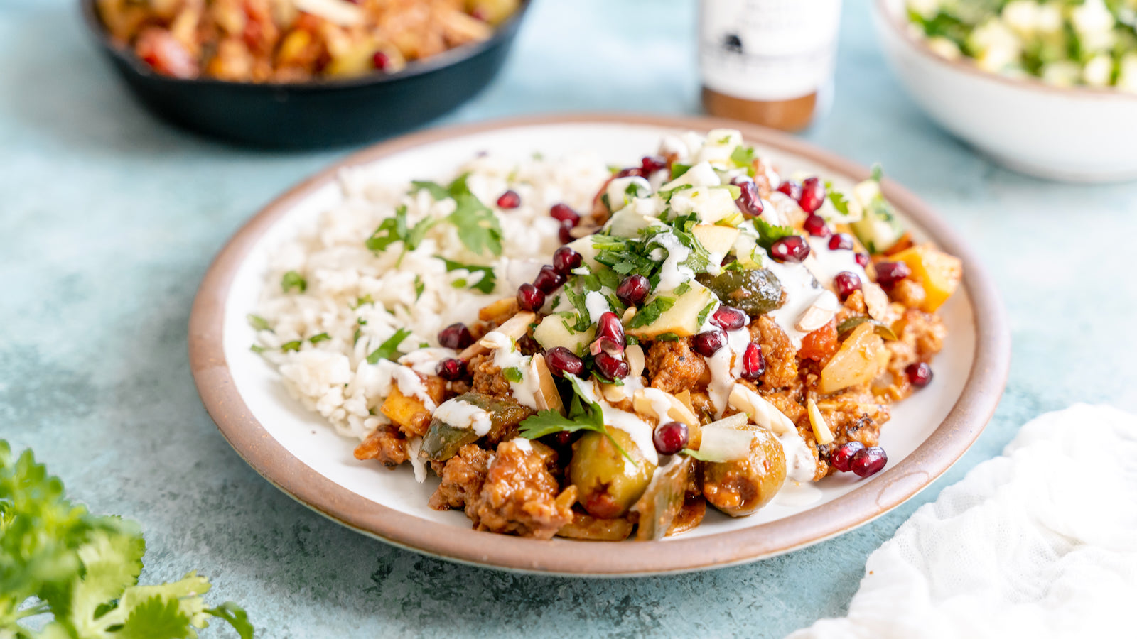 Picadillo with Almond Crema and Apple Pico de Gallo