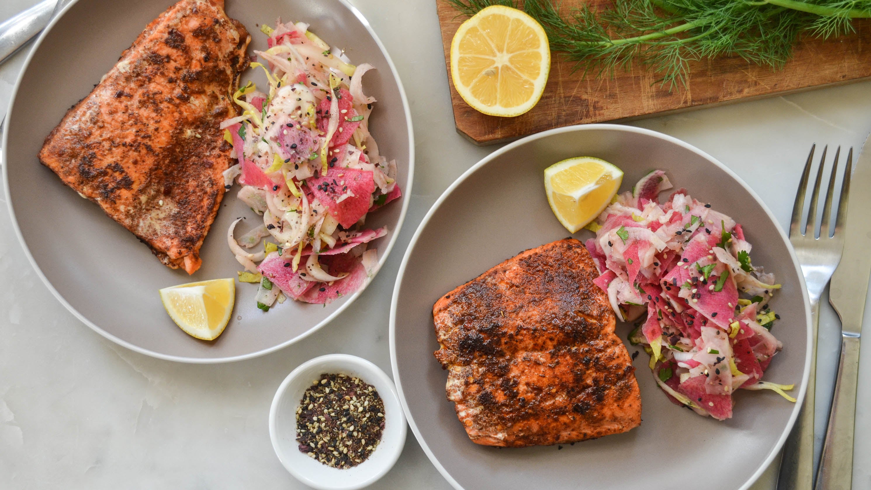 Sweet-Spicy Salmon with Furikake Fennel Slaw