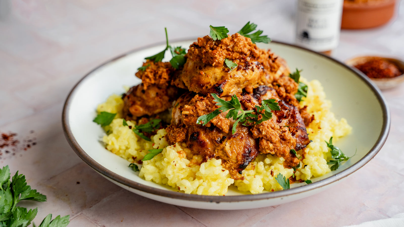 Ras el Hanout Chicken with Muhammara Salsa
