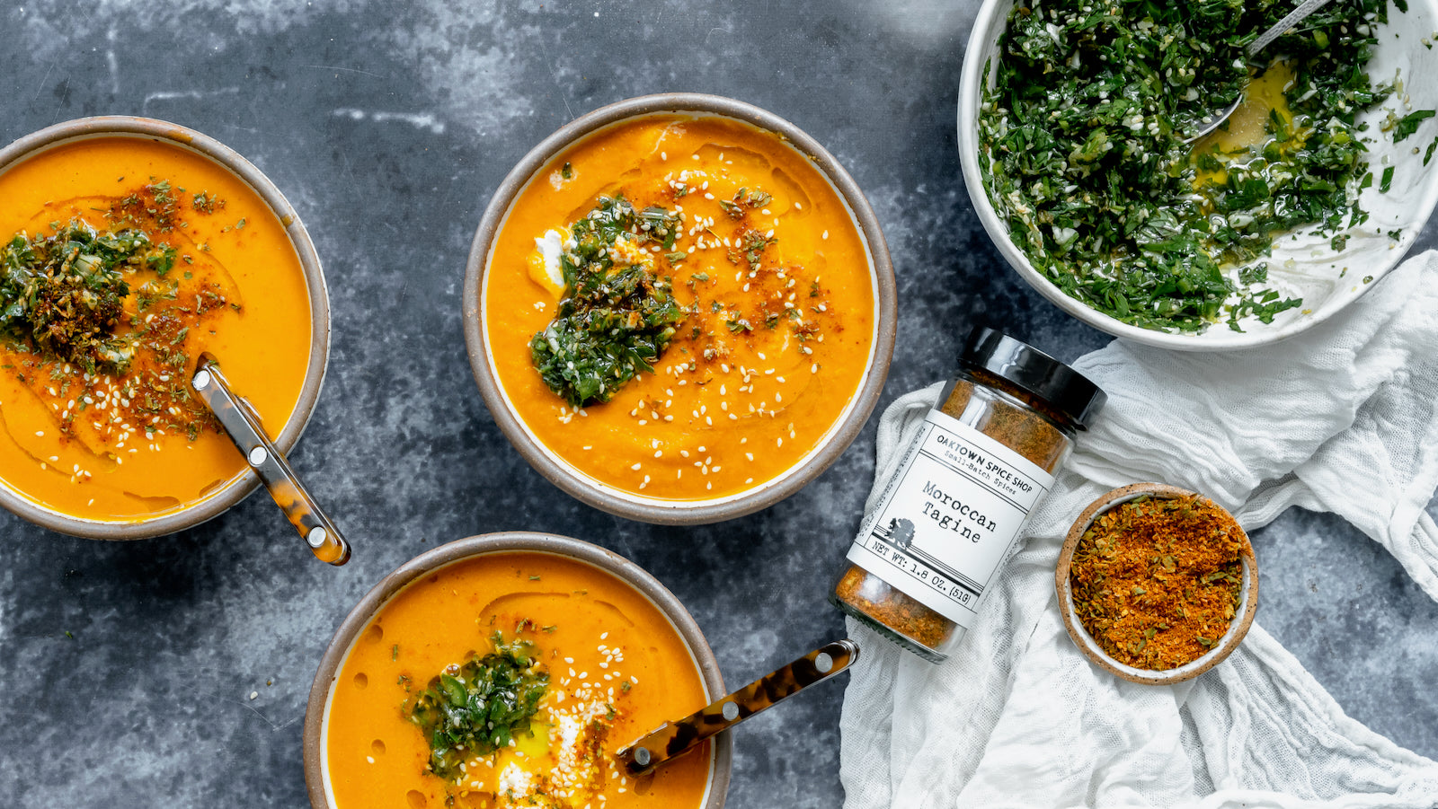 Moroccan Tagine-Spiced Carrot Soup with Chermoula