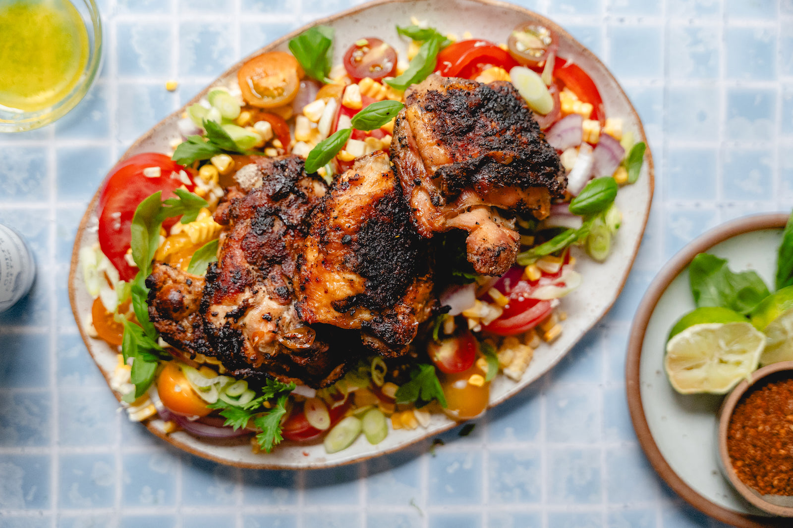 Campfire Coffee Rubbed Chicken with Grilled Corn and Tomato Salad