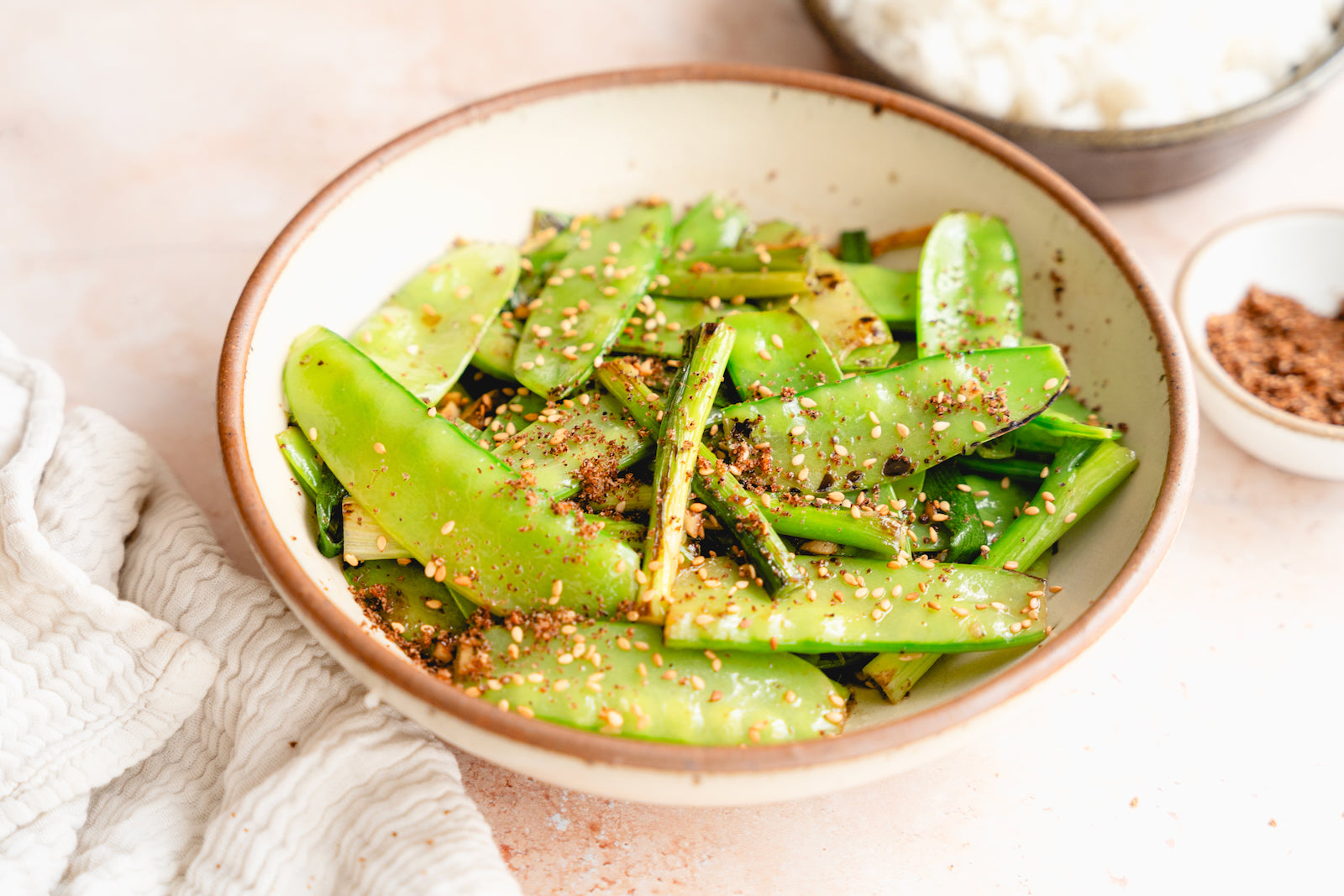 Wok Fried Snow Peas with Umami Garlic-Onion Sea Salt