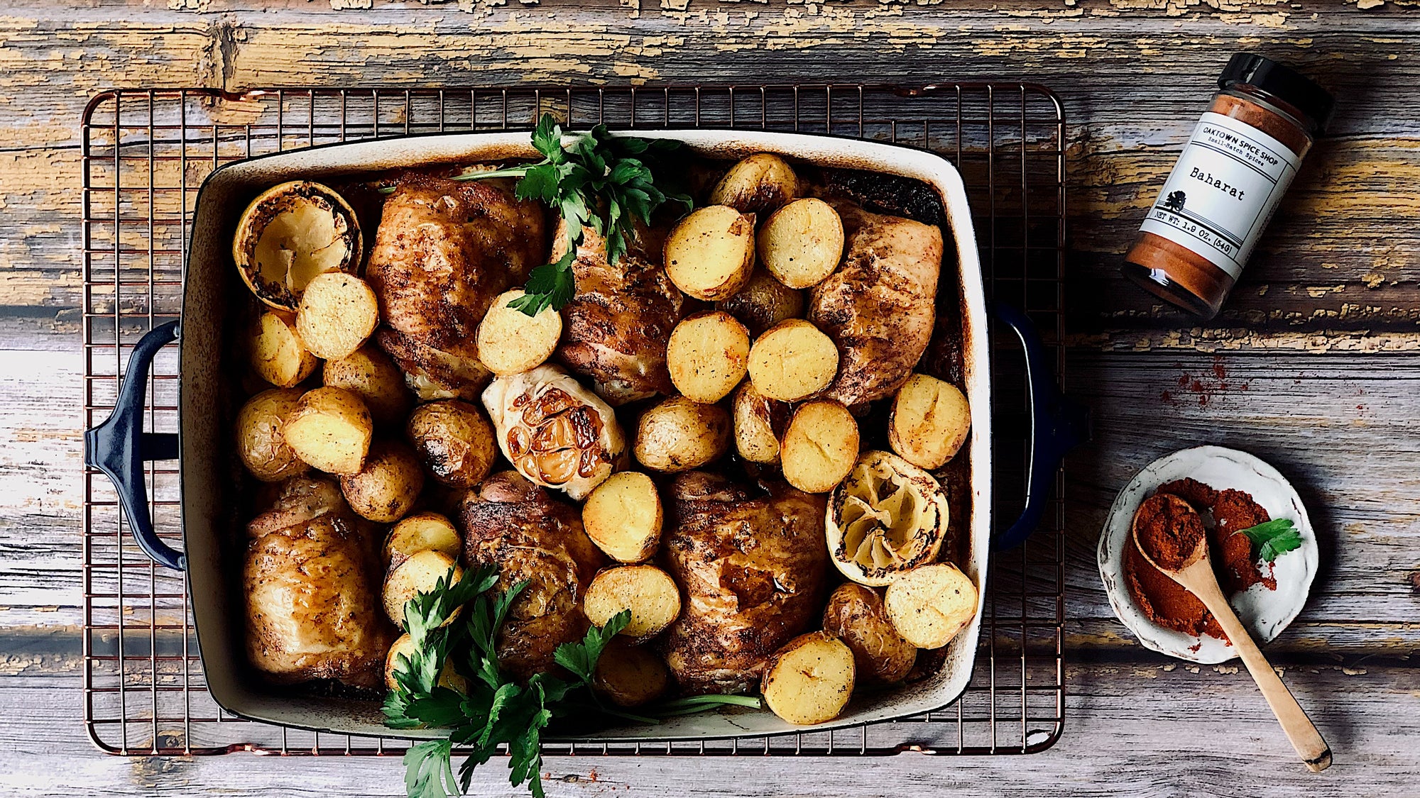 Crispy Chicken Thighs and Potatoes with Baharat and Lemon