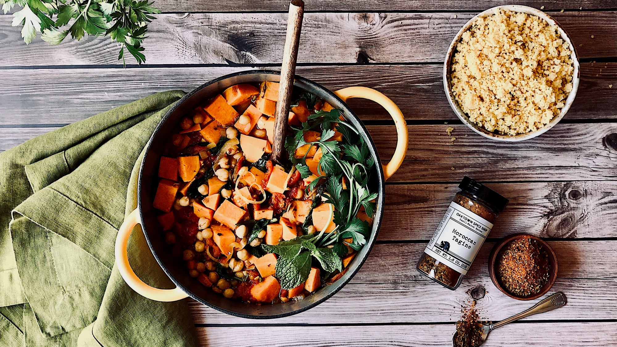 Moroccan Sweet Potato & Spinach Tagine with Spiced Couscous