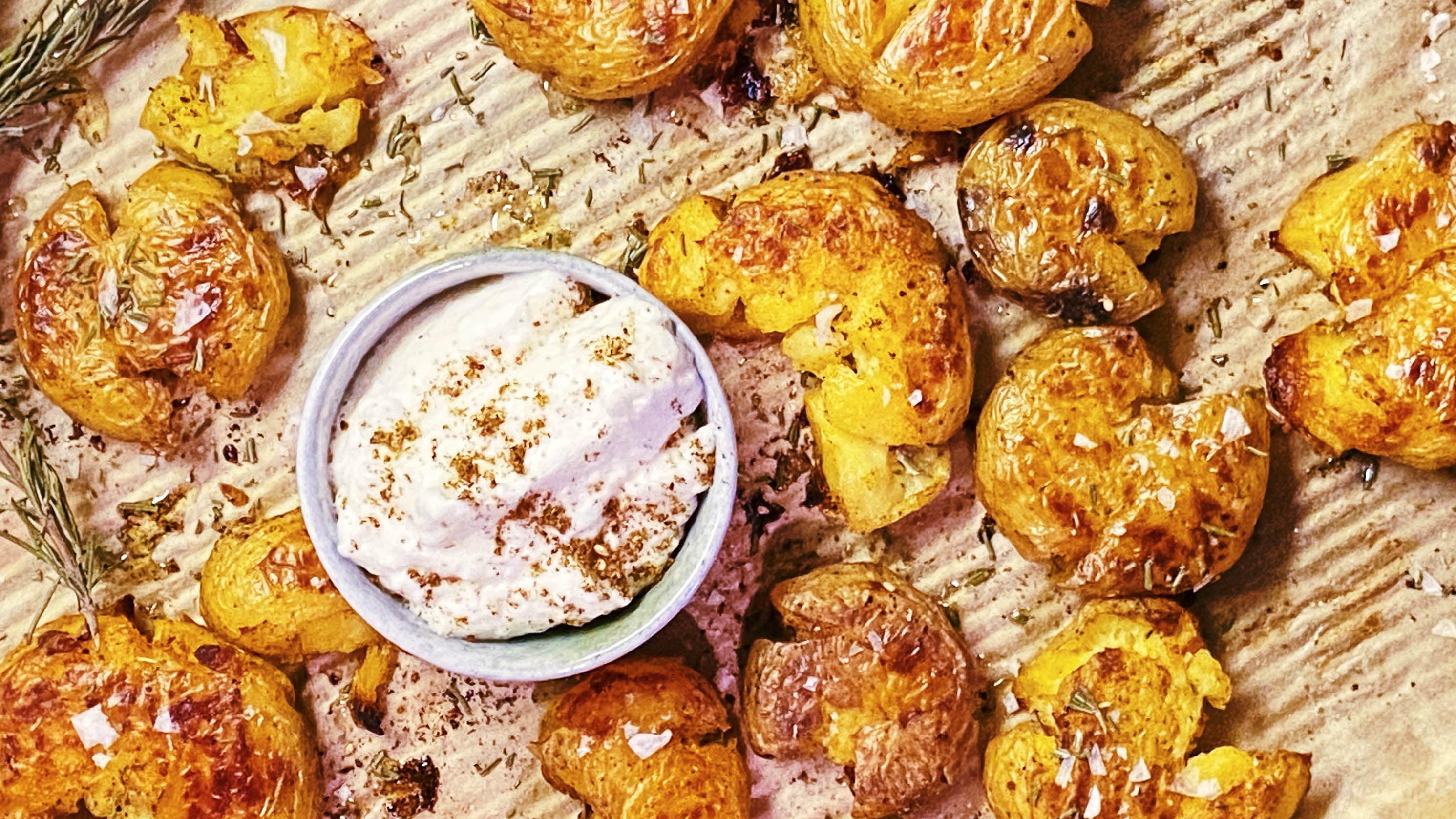 Garlic Herb Smashed Red Potatoes - Saving Room for Dessert