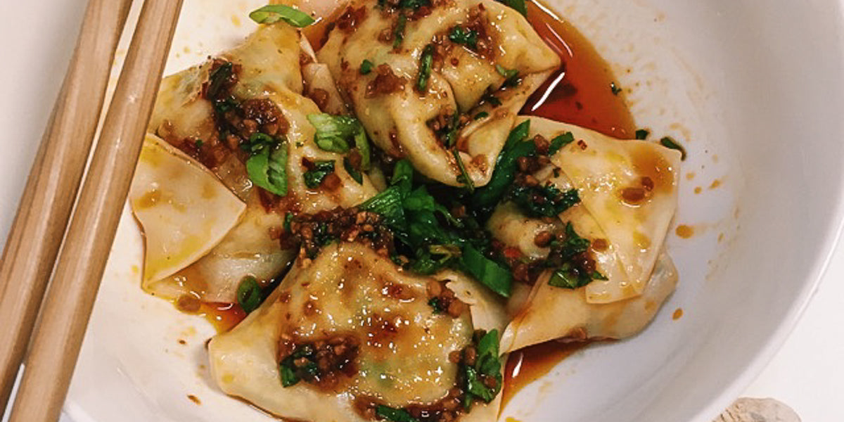 Chicken Cilantro Wontons with Red Chili Oil