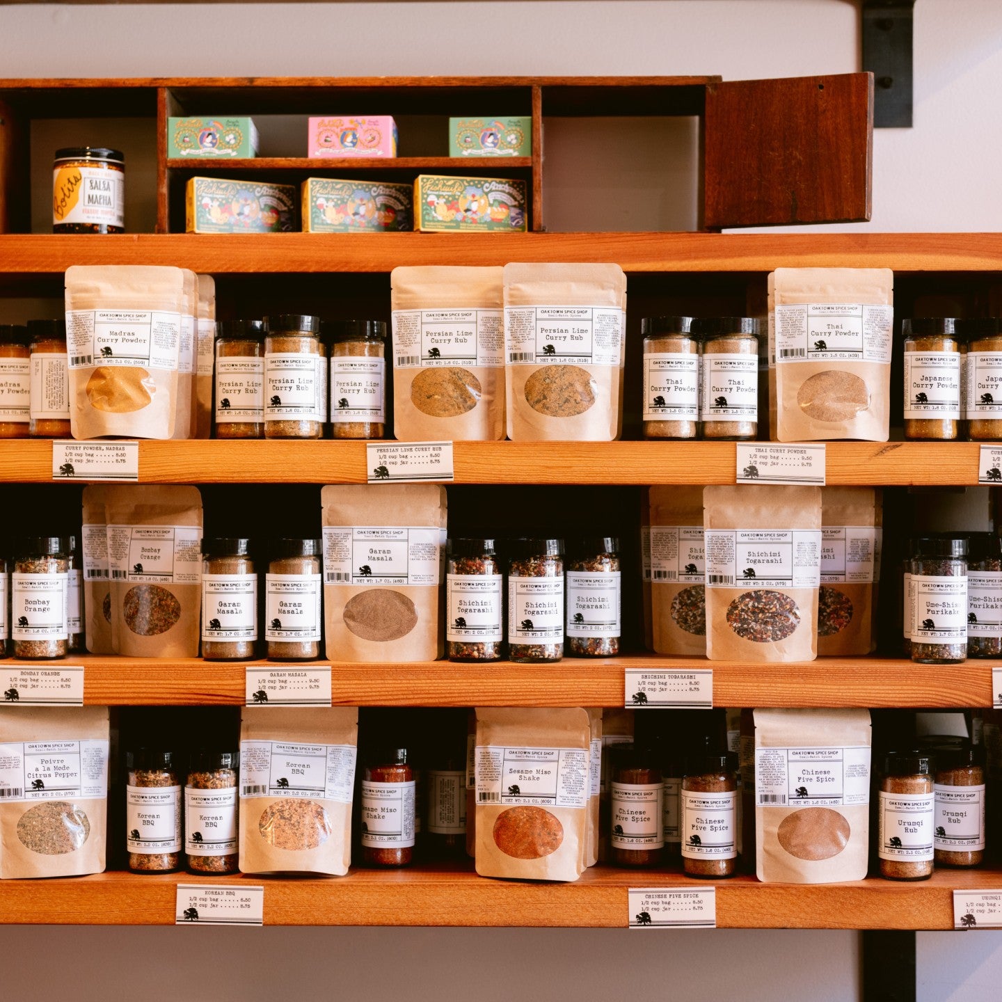 Oaktown Spice Shop spices on shelf