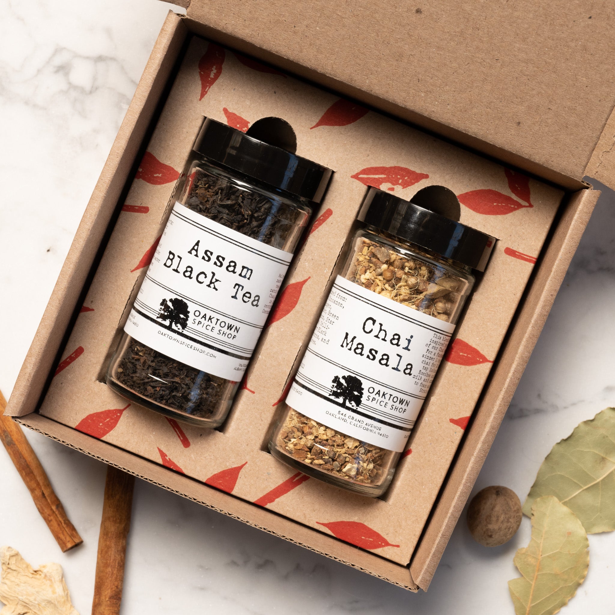 Chai Gift Set Box With jars of Chai Masala and Organic Assam Tea by Oaktown Spice Shop