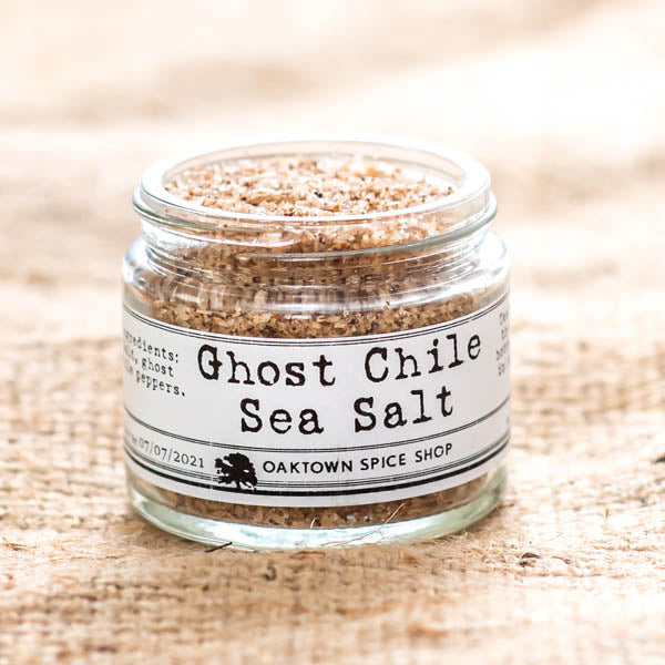Ghost Chile Pepper Sea Salt by Oaktown Spice Shop. Made from sea salt and Naga Jolokia aka Ghost Pepper, this salt has a fiery heat. Taste one of the world's hottest chiles in a salt form.