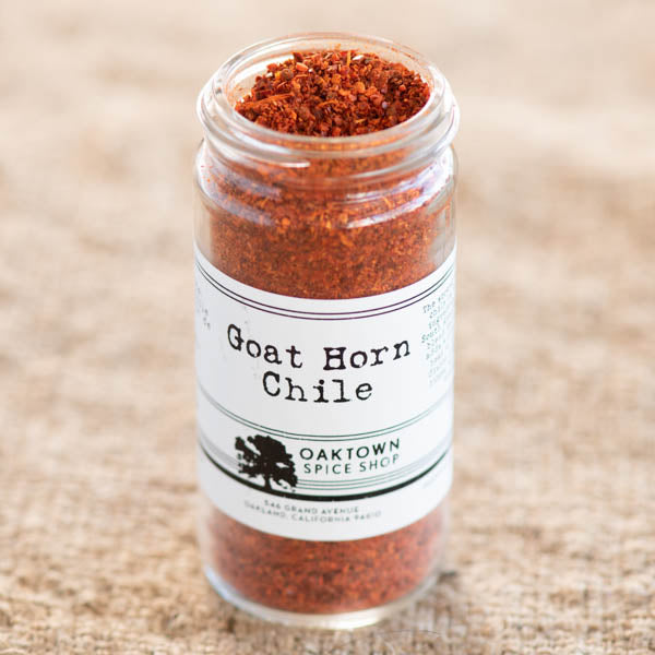 Goat Horn Chile Flakes by Oaktown Spice Shop. The smoked Goat Horn chile is the main ingredient in the South American chile blend merken. It adds a great smoky heat to everyday dishes like eggs, pizza, and pasta sauces.  Ingredients: Goat Horn Chile, aka Aji Cacho de Cabra.