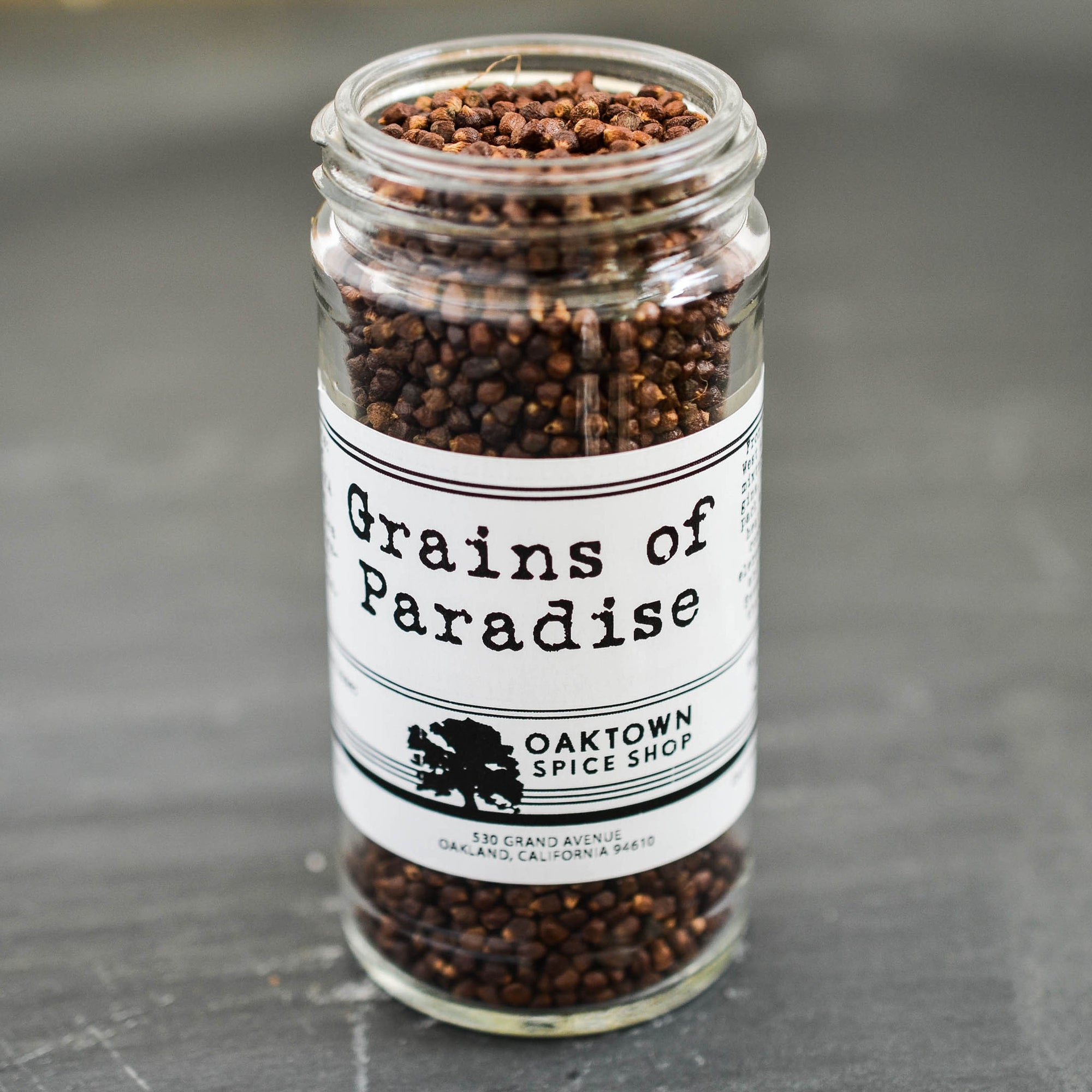 Grains of Paradise. Find this uncommon spice in traditional West African spice mixtures and exotic gins. These grains pack a pepper-like heat and flavor combined with elements of ginger and cardamom. Also known as Melegueta Pepper, Guinea Pepper, Alligator Pepper or Ginny Grains. Hand Mixed by Oaktown Spice Shop.