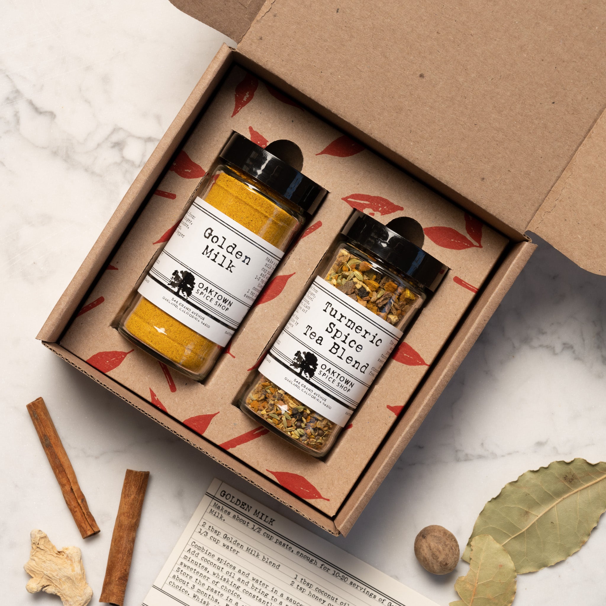 Golden State Turmeric Duo by Oaktown Spice Shop. Turmeric is prized for its anti-inflammatory properties and its earthy, rich flavor. Featuring jars of our Golden Milk blend and Turmeric Spice Tea Blend, this collection is sure to impress any turmeric devotee.